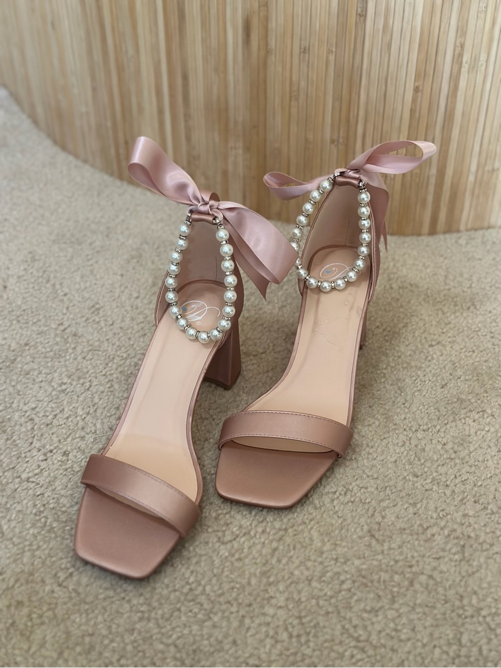 Pearl-Embellished Pink Satin Block Heel Sandals